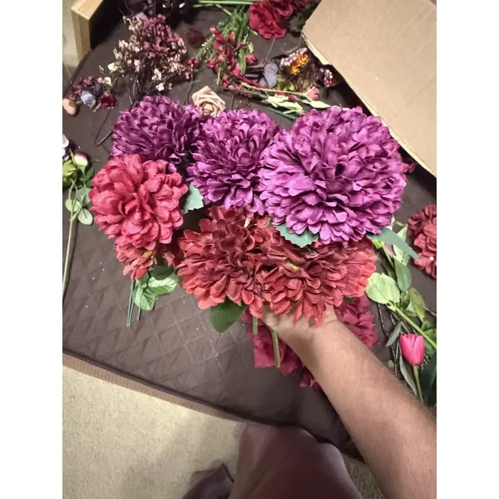 Large Lot / Box of Miscellaneous Artificial Silk Flowers - Burgundy Shades
